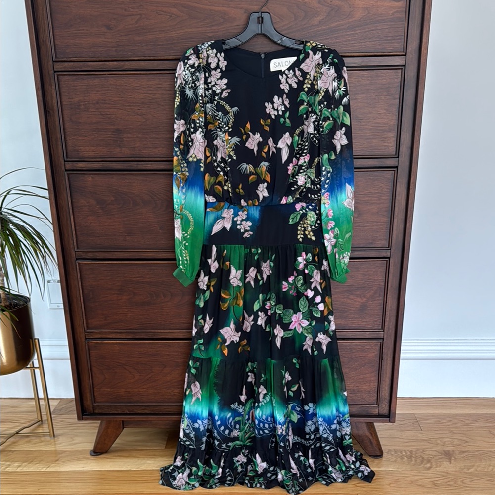 Saloni Floral Maxi 100% Silkdress - Black And Green, 0